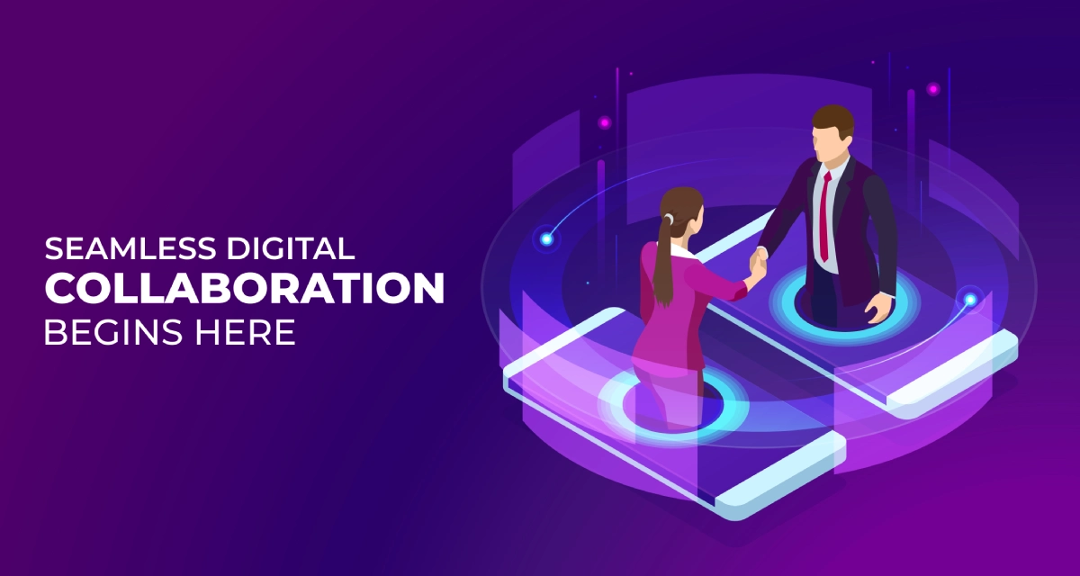 Digital business collaboration handshake representing business process consulting and remote partnership