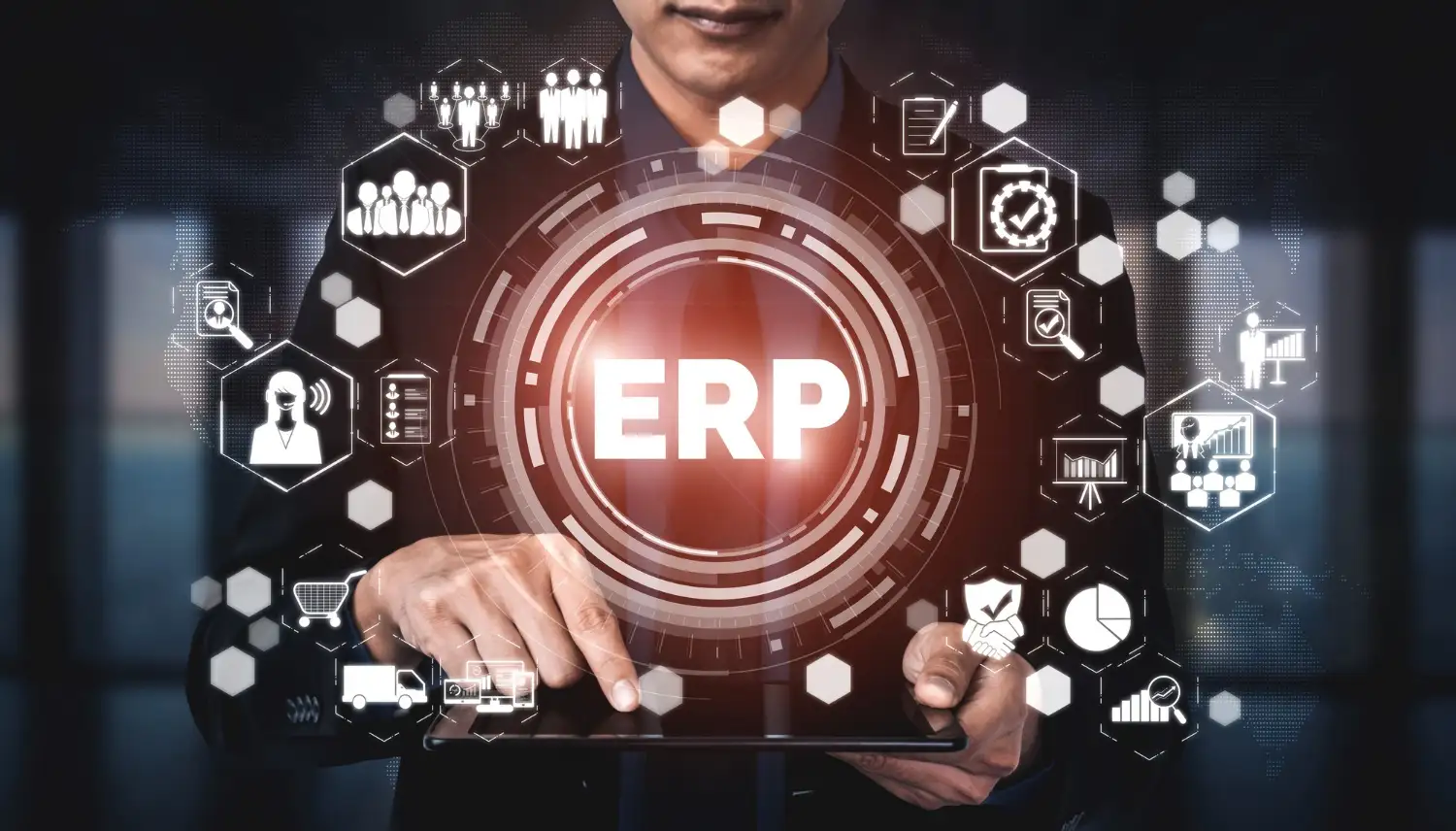 Businessman interacting with ERP surrounded by feature icons