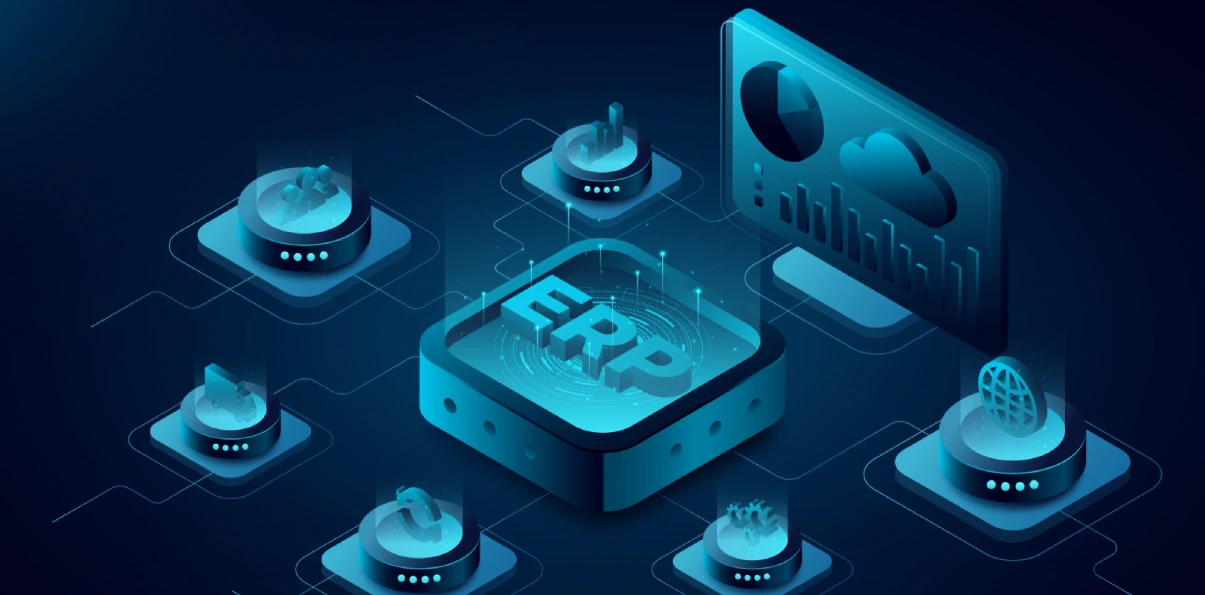 Modern ERP dashboard interface showing software features, analytics, and user management tools in 2025