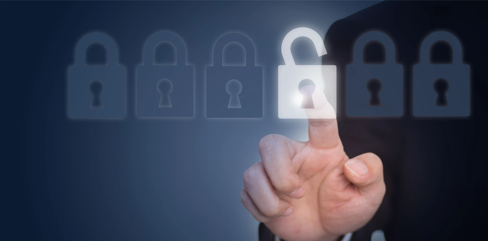 Man unlocking a digital padlock symbolizing seamless migration to SAP S/4HANA Cloud with the help of an implementation partner.